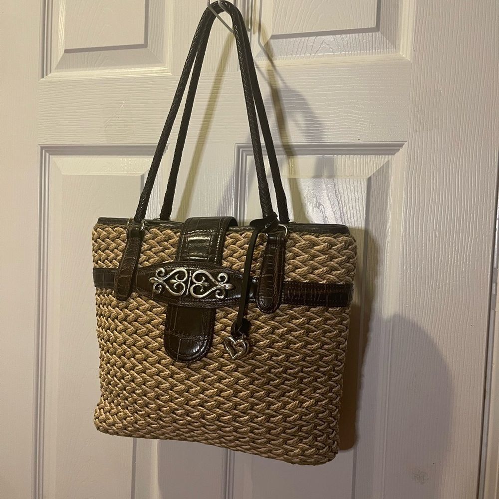 Brighton Woven Tri Color Straw tote bag, brown leather straps & trims .